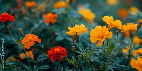 Close-up of blooming marigold flowers in vivid orange and yellow. Concept Blooming Flowers, Marigold, Close-up, Vivid Colors, Nature Photography