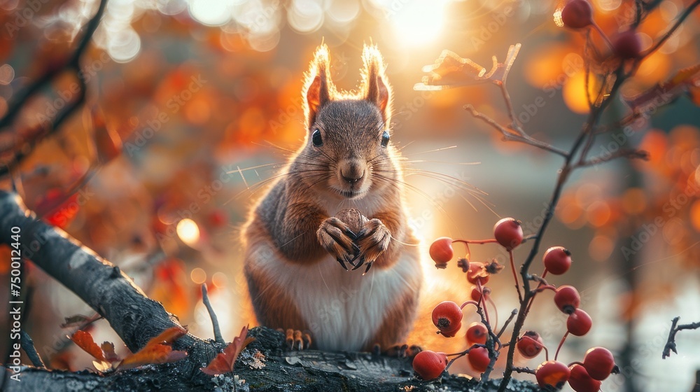 A squirrel with fur tail is perched on a twig of a tree, munching on a nut - obrazy, fototapety, plakaty 