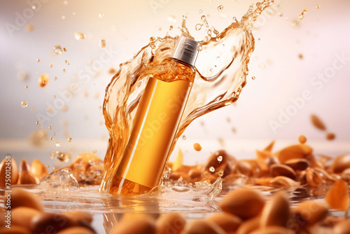 Delicious refreshing argan shampoo with drops on the background, flying objects