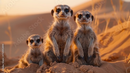 Three carnivorous meerkats with whiskers are perched on a desert sand dune