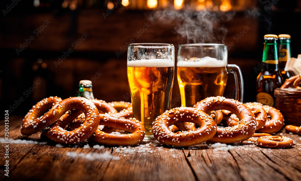 glass of beer and brezel. Selective focus. glass of beer and brezel. Selective focus.