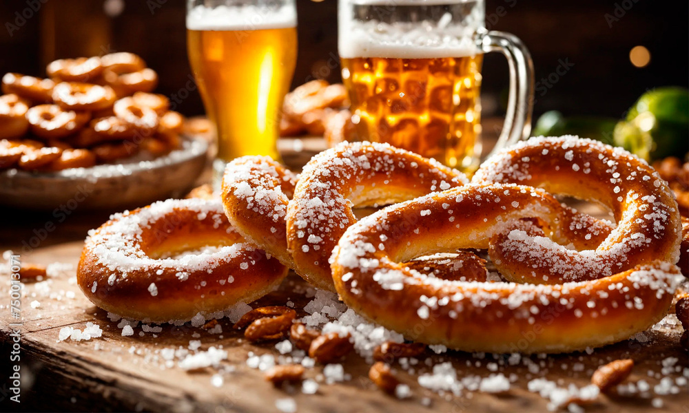 glass of beer and brezel. Selective focus. glass of beer and brezel. Selective focus.