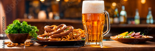 glass of beer and brezel. Selective focus.