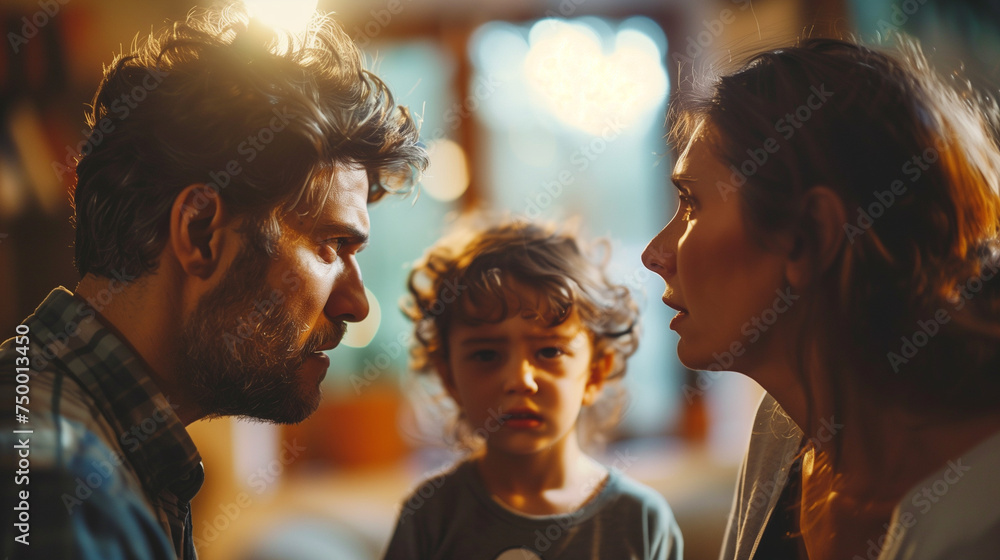 Fototapeta premium Two Adult Parents Arguing and Fighting with Child. Divorce and Separation and the Impact on Children.