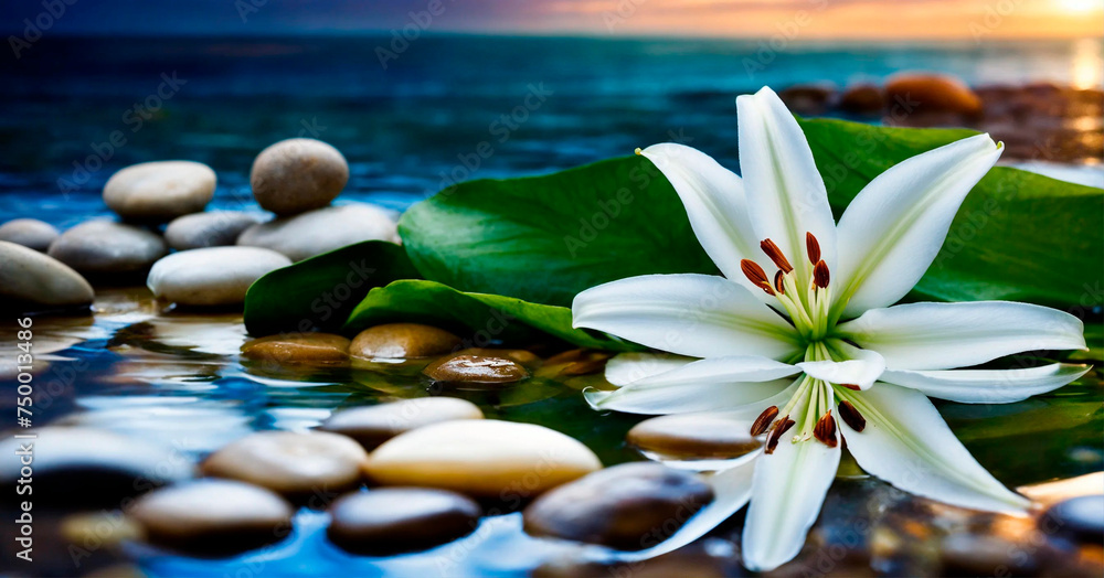 Obraz premium lily flower sea and stones. Selective focus.