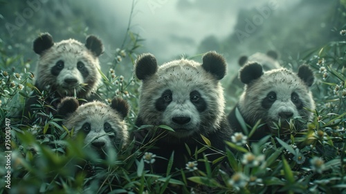 Carnivore pandas with thick fur standing in a field of grass