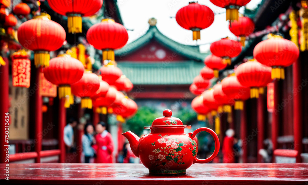 Fototapeta premium Chinese tea ceremony teapot and cups. Selective focus.