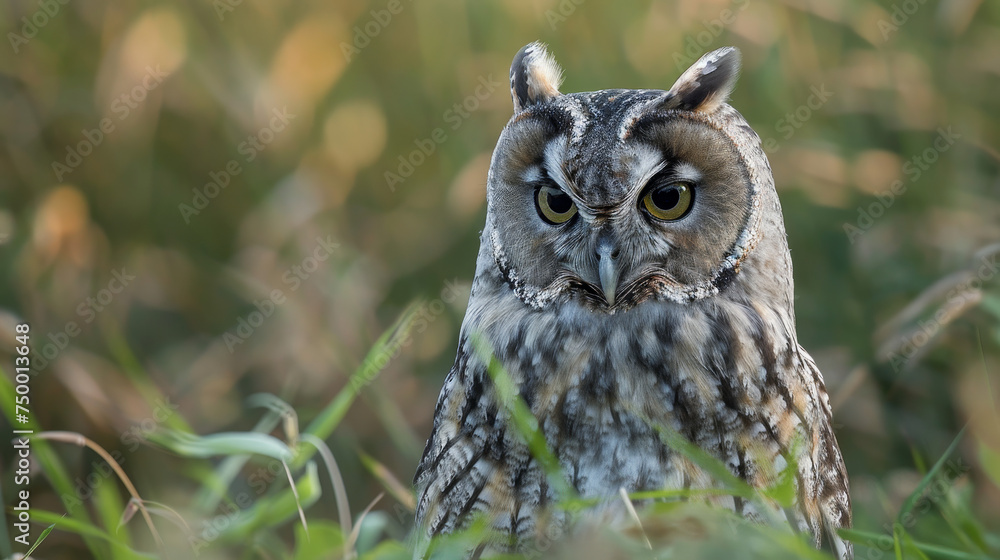 Obraz premium Detail of owl standing tall in a green grass field.