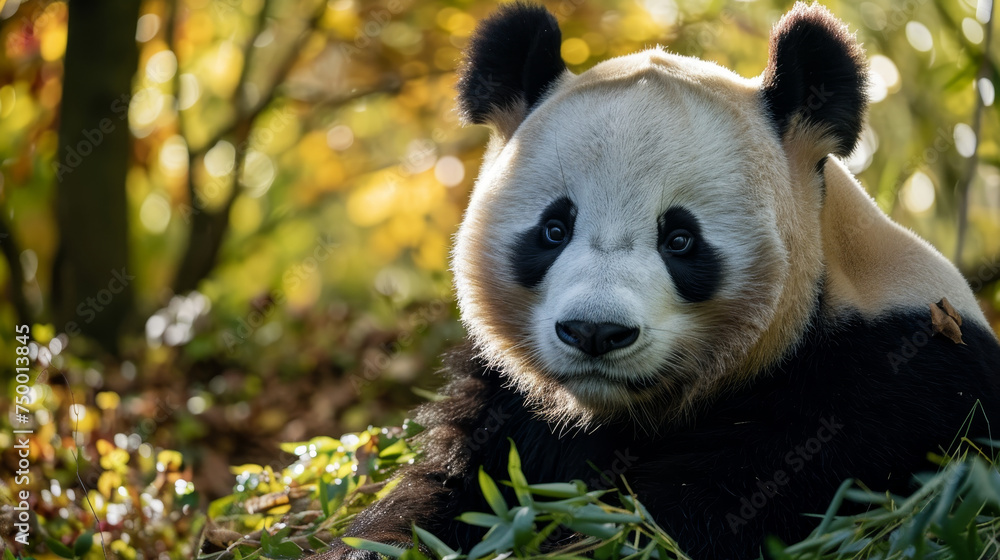 Obraz premium A serene giant panda sits quietly amidst the bamboo, its gaze meeting ours.