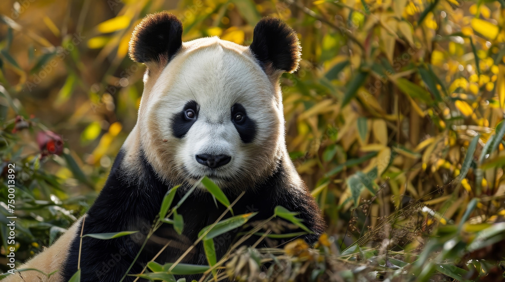 Fototapeta premium A gentle giant panda peeks through bamboo leaves, a picture of tranquillity.