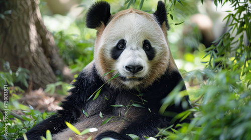 A serene giant panda sits quietly amidst the bamboo, its gaze meeting ours.