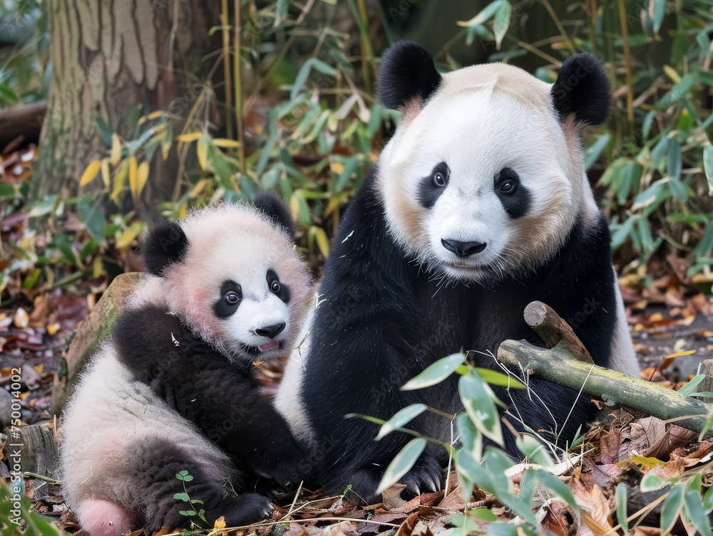 Obraz premium A watchful panda keeps a close eye on her playful cub in their natural habitat.