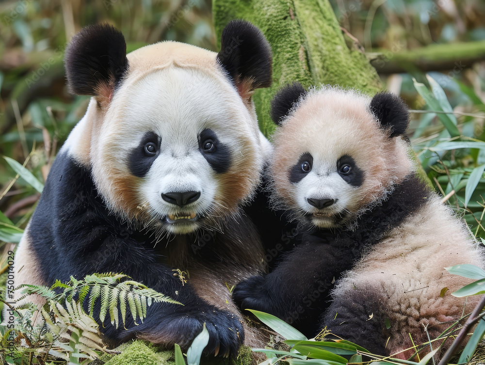 Obraz premium A panda sharing special moment with her playful cub in their natural habitat.