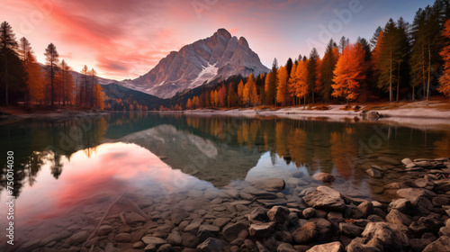 Federa lake during sunrise with autumnal colors.