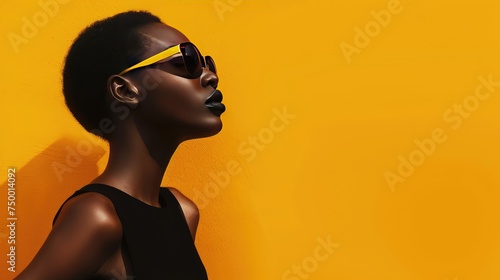 Side profile of a fashionable woman wearing sunglasses, posing against a bold yellow background.