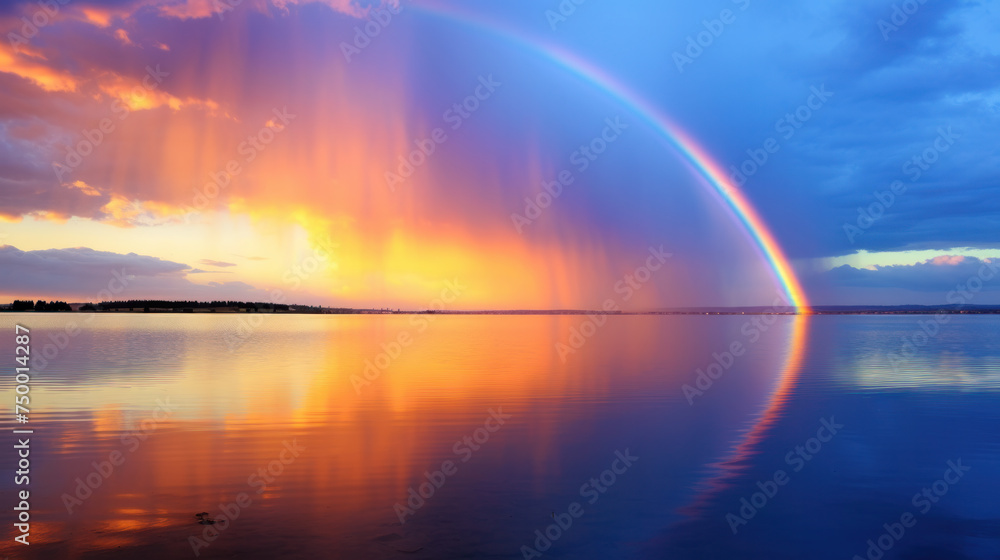 Beauty rainbow in storm cloud above water landscape. Weather, nature background. Beauty rainbow in storm cloud above water landscape. Weather, nature background.