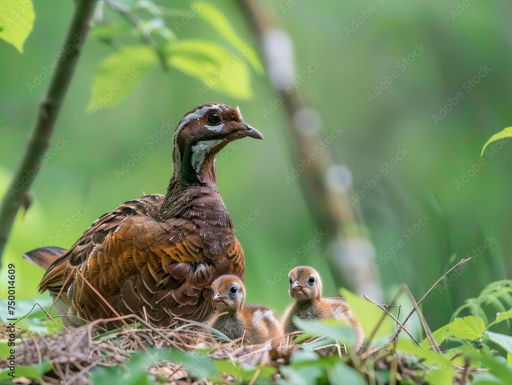 A protective partridge mother stands guard over her adorable chicks in a grassy knoll. A protective partridge mother stands guard over her adorable chicks in a grassy knoll.