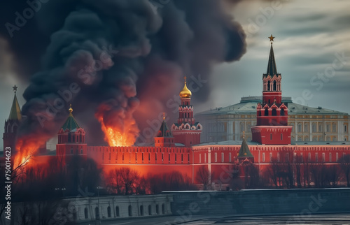 Kremlin is burning fire. Kremlin in Moscow is on fire. Moscow Kremlin is burning and exploding.