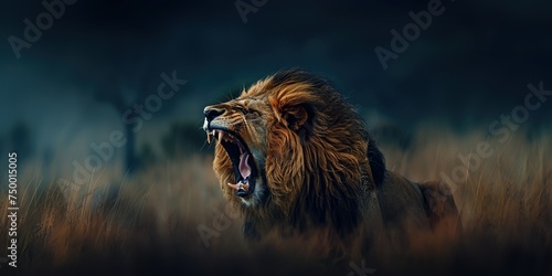 The powerful jaw and mane of a lion caught in a close-up as it roars, concept of Fierce predator photo