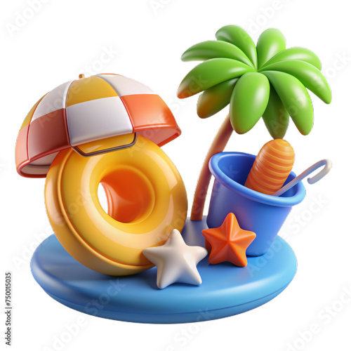 Summer 3d realistic render icon set. object with beach elements, summer holiday clip art set