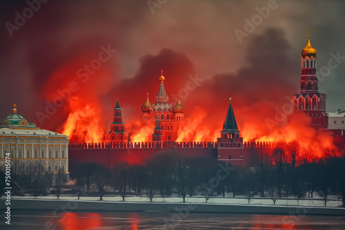 Kremlin is burning fire. Kremlin in Moscow is on fire. Moscow Kremlin is burning and exploding.
