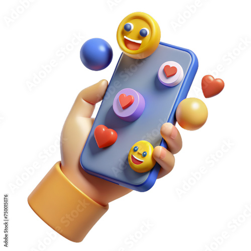 3d hand holding phone with emoji, minimal social media with emoji, Cartoon minimal icon.