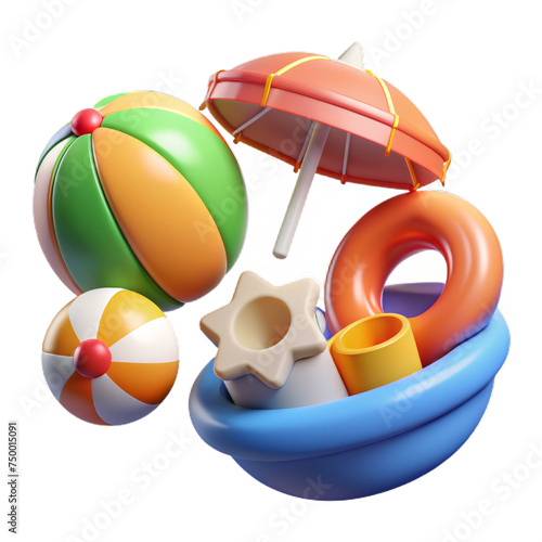 Summer 3d realistic render icon set. object with beach elements, summer holiday clip art set photo