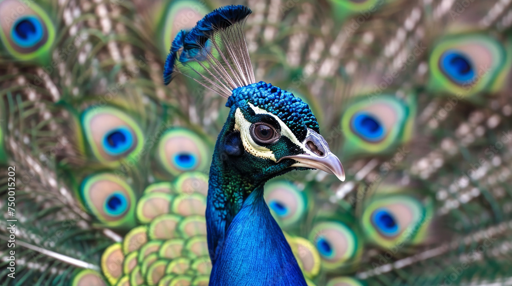 A peacock with a stunning feather display captivates with its intricate eye patterns. A peacock with a stunning feather display captivates with its intricate eye patterns.