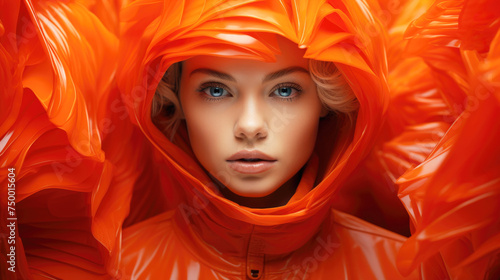 Creative and artistic image of a female face cover with a hood and surrounded by a vibrant and explosive orange tone posing in the style of an advertising campaign, fashion magazine. Ai generated