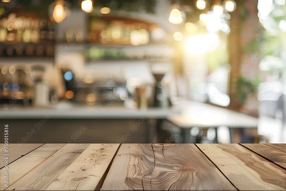 Wooden Table in Rustic Cafe or Bar Interior