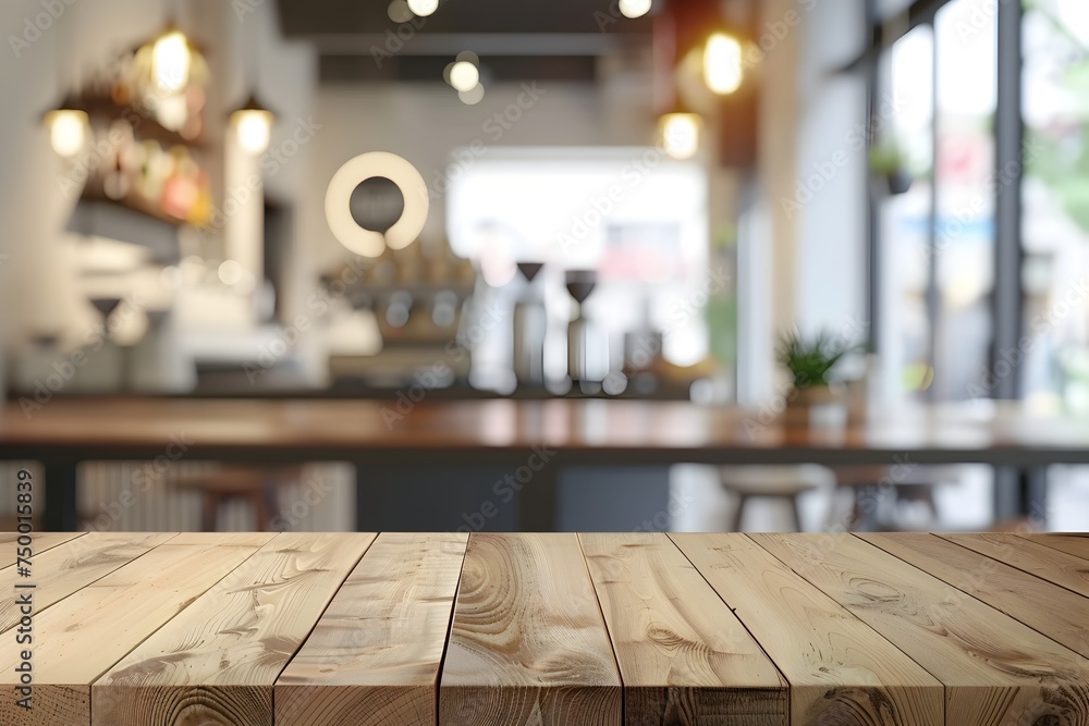 Wooden Table in a Modern Cafe Bar or Restaurant - obrazy, fototapety, plakaty 