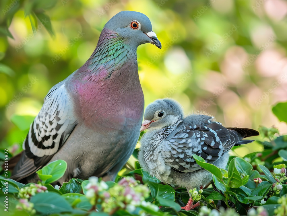 Obraz premium A pigeon tends to its chick in a secure, leafy nest.