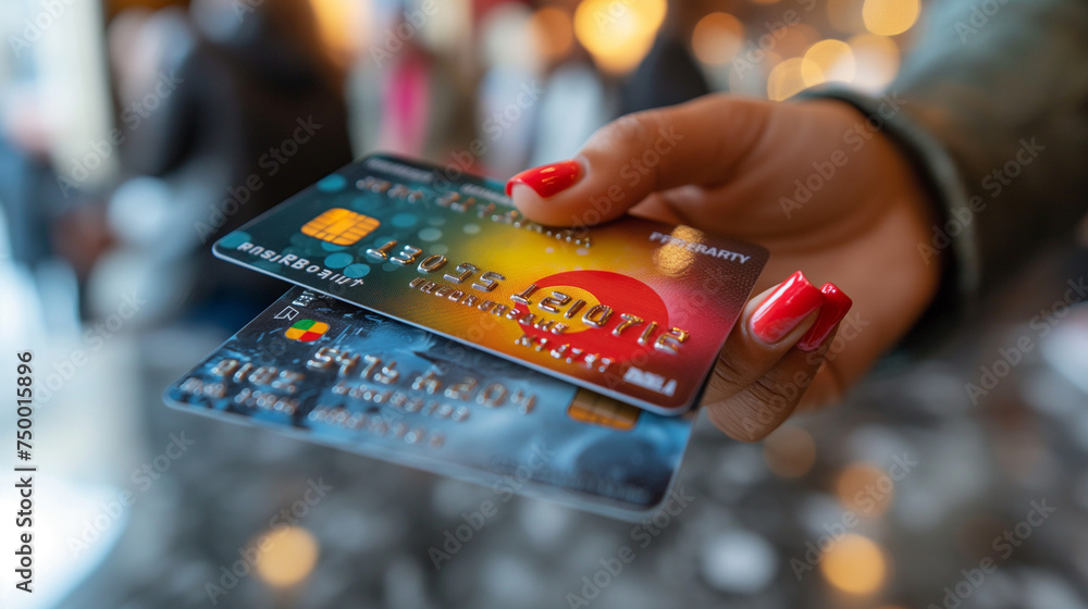 Close-up of a hand with several credit cards, illuminated by warm bokeh lights, representing convenience in finance and shopping. - obrazy, fototapety, plakaty 