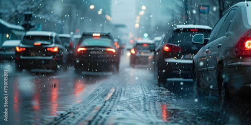 Urban street scene featuring cars in hail storm emphasizing need for insurance. Concept Insurance Awareness, Urban Environment, Hail Storm, Car Safety, Risk Mitigation photo