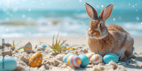 Easter with easter egs on beach easter bunny with easter eggs photo