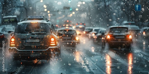 Urban street scene showcasing cars in a hailstorm underscores the importance of insurance. Concept Insurance, Weather Events, Car Accidents, Urban Scenes, Safety.