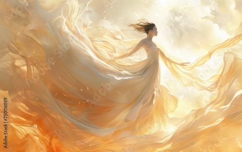 Ethereal Grace in Golden Light, fantasy illustration of a graceful woman enveloped in a billowing golden dress, surrounded by a warm, luminous ambiance that evokes a sense of peaceful elegance