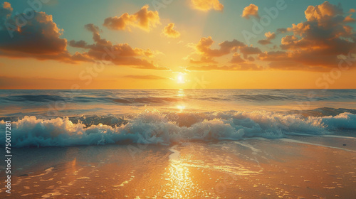 A breathtaking sunrise over a serene beach  casting golden light across the sea and sand  with waves gently breaking on the shore.