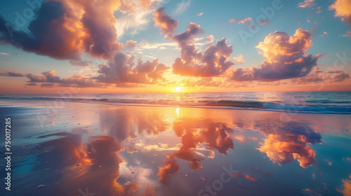 A breathtaking sunrise over a serene beach, casting golden light across the sea and sand, with waves gently breaking on the shore.
