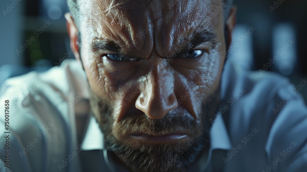 Intense Stare from a Stern Office Worker, Close-up of a man with a stern expression, hinting at an intense office scenario. The focus on his furrowed brows and deep gaze portrays Intense Stare from a Stern Office Worker, Close-up of a man with a stern expression, hinting at an intense office scenario. The focus on his furrowed brows and deep gaze portrays