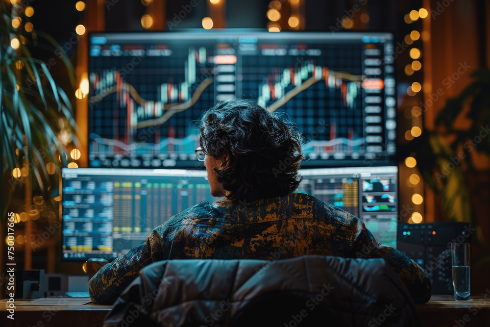 A man sits behind modern large monitors and sells on the exchange, bitcoin, coin schedule. A man sits behind modern large monitors and sells on the exchange, bitcoin, coin schedule.