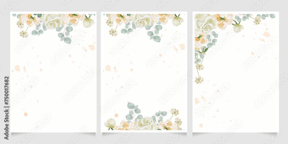 watercolor white peony and rose foliage flower bouquet wreath frame wedding white background isolated