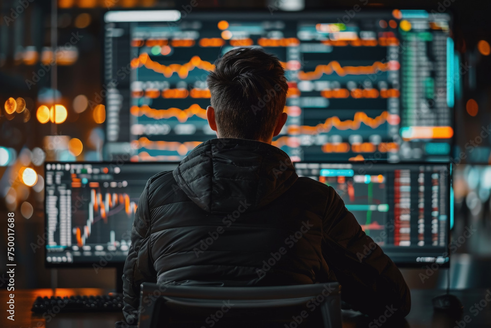 A man sits behind modern large monitors and sells on the exchange, bitcoin, coin schedule. A man sits behind modern large monitors and sells on the exchange, bitcoin, coin schedule.