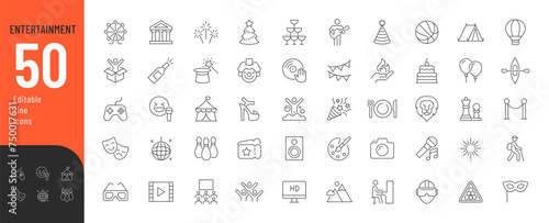 Entertainment Line Editable Icons set. Vector illustration in modern thin line style of leisure and hobbies related icons: party, concert, outdoor recreation, and more. Pictograms and infographics.