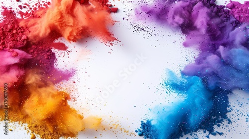 Holi Festival banner made of  explosion of powder with a white empty space in the middle 
