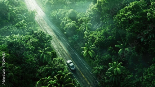 Solitary Car on Jungle Road  Aerial view of a solitary car traveling down a winding road enveloped by the lush greenery of a dense jungle  with rays of sunlight piercing through the canopy
