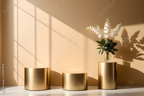 Podium golden circles for presentation under the shadow of flowers in a vase on a light pastel background. Playground AI platform