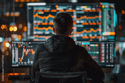 A man sits behind modern large monitors and sells on the exchange, bitcoin, coin schedule.