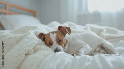 Peaceful Dog Asleep on White Bedding, small dog enjoys a peaceful slumber, curled up on a soft, white bed, embodying the essence of comfort and relaxation