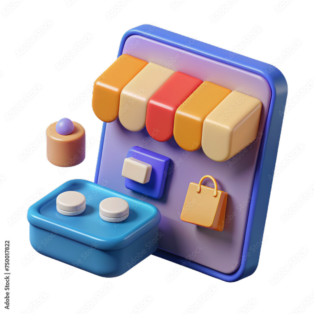 Online shopping concept in minimal 3D illustration, shop purchase basket retail store on ecommerce Online shopping concept in minimal 3D illustration, shop purchase basket retail store on ecommerce